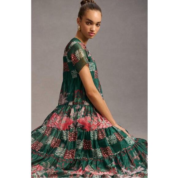 NEW Anthropologie Bhanuni Jyoti Tiered Short-Sleeve Dress Size XXS Green Maxi - Picture 2 of 10